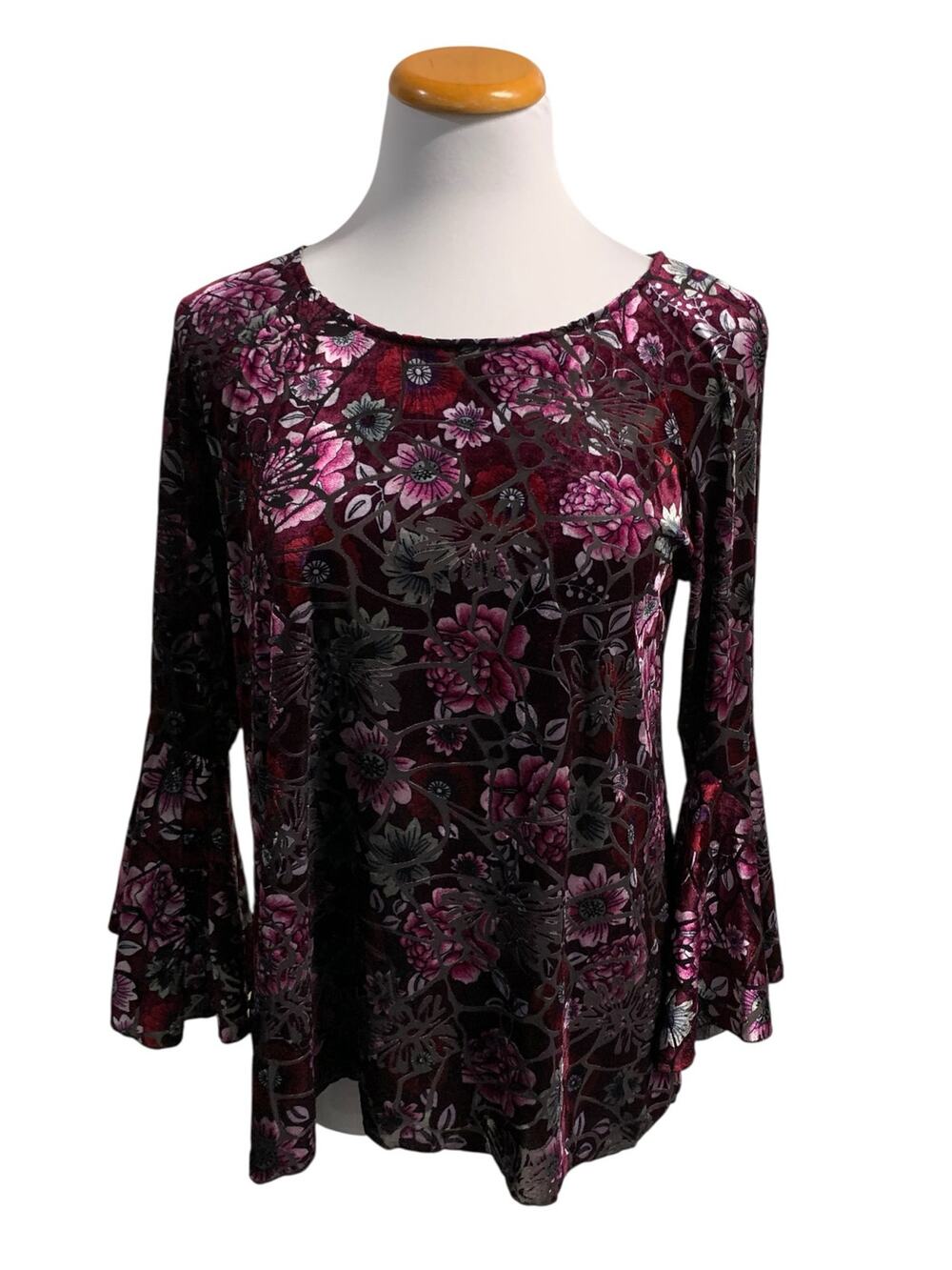 Cupio Velvet Burnout Floral Blouse 3/4 Bell Sleeves Pink Red Womens L Whimsigoth